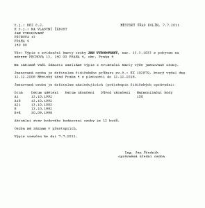 Výpis z evidenční karty řidiče, strana 1